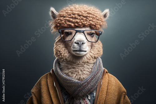 Portrait of afro hair alpaca will eyeglass wearing wool stole. Animal wears casual street fashion concept. Made with Generative AI