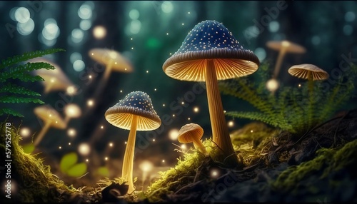 Iridescent mushrooms in night woodland nature surrounded by fireflies, fantasy scene