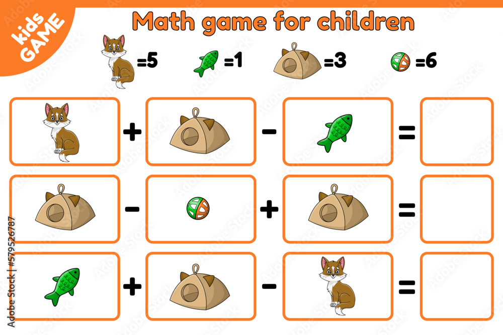 Kids game. Math education for children. Addition and subtraction. Worksheet for preschool and school. Solve examples and write the numbers. Cartoon kitten and cat accessories. Vector illustration.