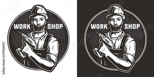 Bearded carpenter in for logo of carpentry or repair. Woodworker with electric screwdriver in his hands for design of workshop or woodworking