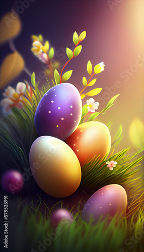 Festive Easter eggs composition, abstract background. Generative AI illustration