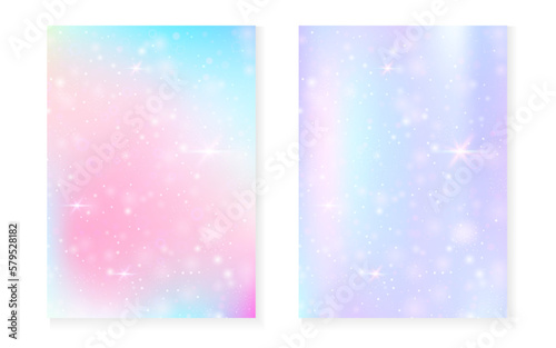 Rainbow background with kawaii princess gradient. Magic unicorn hologram.