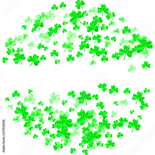 Saint patricks day background with shamrock. Lucky trefoil confetti. Glitter frame of clover leaves. Template for gift coupons, vouchers, ads, events. Festal saint patricks day backdrop.