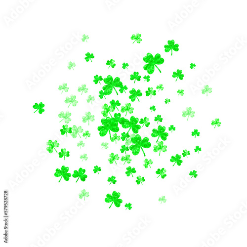 Shamrock background for Saint Patricks Day. Lucky trefoil confetti. Glitter frame of clover leaves.. Template for special business offer, banner, flyer. Celtic shamrock background.