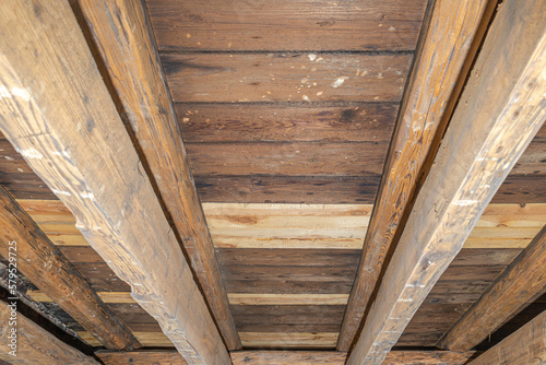 Wooden roof structure. Wooden beams, roof frame