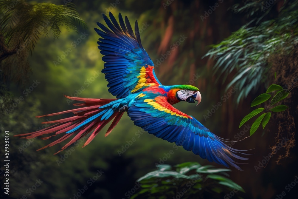 A colorful parrot flies through the jungle. (Generative AI)