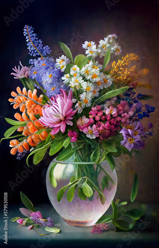A beautiful bouquet of bright spring flowers in a glass vase.