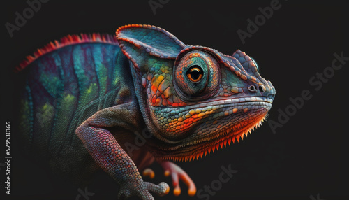 Close-up of a red-green chameleon looking at the camera from side angle on the black background