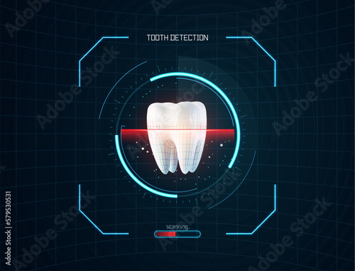 Dental exam innovation science research. 3d vector tooth scanning x-ray with wireframe with futuristic HUD design elements on dark background