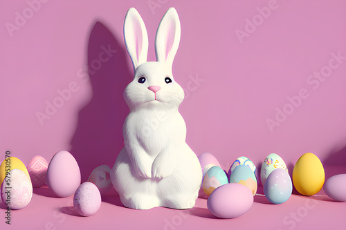 toy easter bunny standing, with colored eggs on the ground, 3d render, pastel colors, minimalist, pink background. Generative Ai
