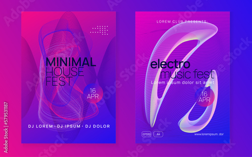 Neon music poster. Electro dance dj. Electronic sound fest. Club event flyer. Techno trance party.