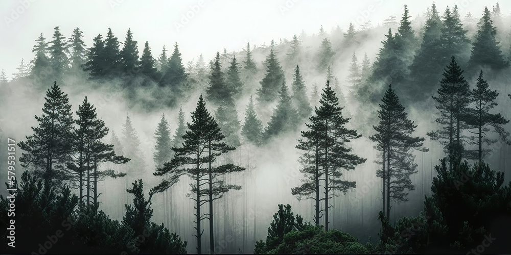 misty morning in the pine forest, generative ai
