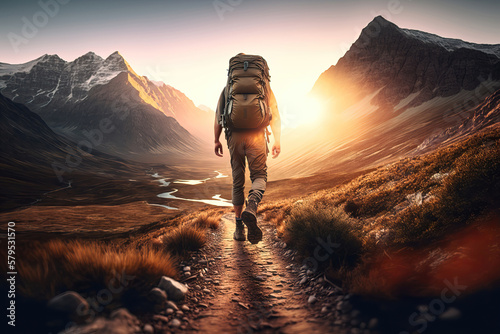hiker in the mountains at sunset, beautiful landscape backgrond, generative ai © Gbor
