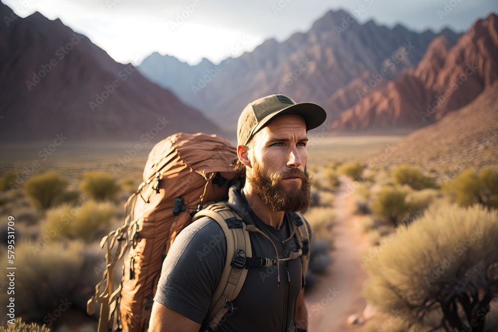 portrait of a handsome hiking man in mountains, generative ai