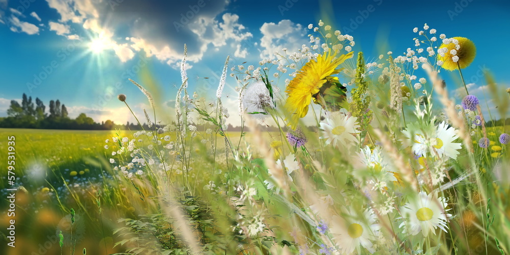 wild field flowers and green grass  sun light meadow summer spring nature generated ai