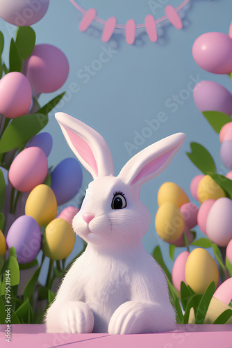 easter bunny coming out of a hole in the ground, blurred background with colorful eggs, 3d render, pastel colors, minimalist, light blue background. Generative Ai