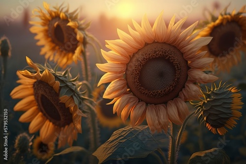 Sunflower cultivation at sunrise, Generative AI