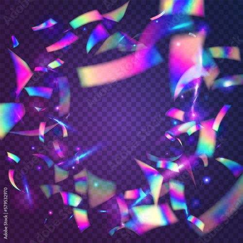 Neon Background. Laser Banner. Glitter Art. Party Festival Wallpaper. Transparent Tinsel. Kaleidoscope Sparkles. Holiday Foil. Purple Retro Effect. Blue Neon Background