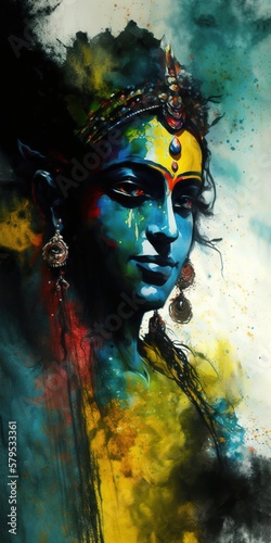 Krishna painting with watercolor style. Generative AI vertical illustration