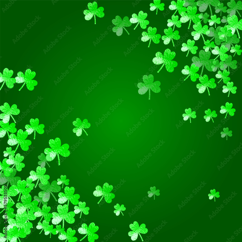 Clover background for Saint Patricks Day. Lucky trefoil confetti. Glitter frame of shamrock leaves. Template for gift coupons, vouchers, ads, events. Celtic clover background.