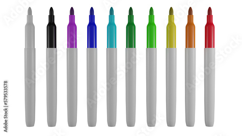 Set of colorful marker pens isolated on transparent background. Minimal concept. 3D render photo