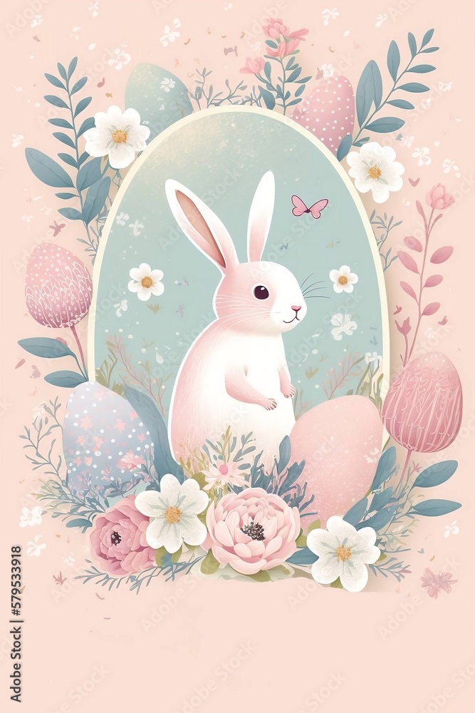 Easter Bunny Card. Template card with a cute bunny, Easter eggs and flowers on the pastel pink background with colored inscription. Hearts. Happy Easter , generative AI 