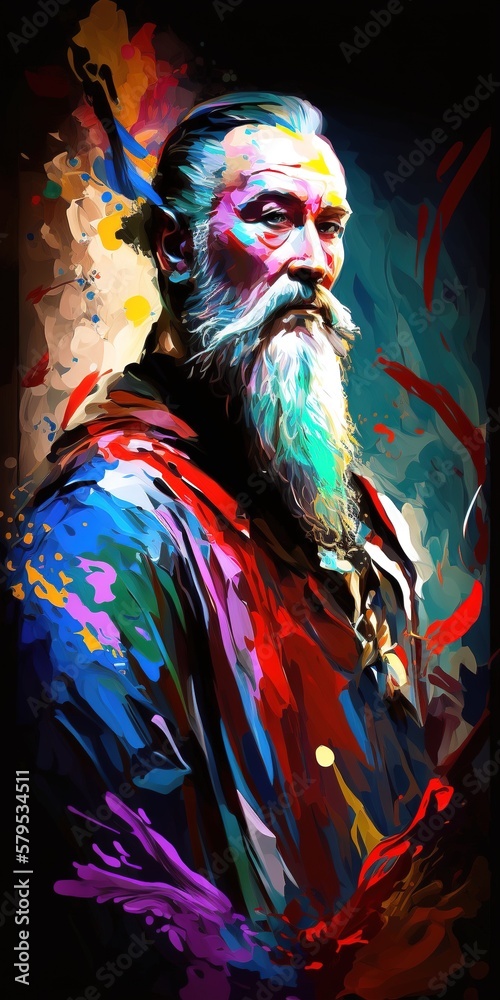 Fototapeta premium Paint art of Taoist man colorful poster. Generative AI vertical illustration