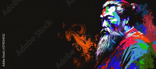 Multicolor modern painting art of Confucius. Black background banner with copy space. Generative AI illustration photo