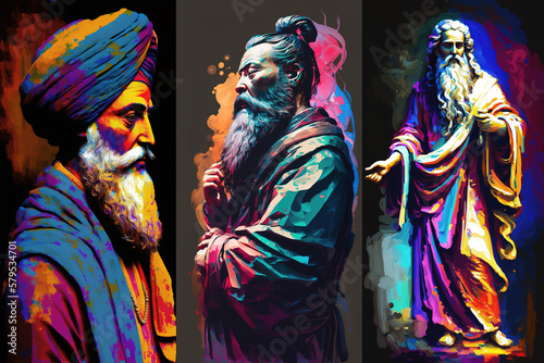 Modern painting triptych of different deities and religious icons of history. Generative AI illustration banner