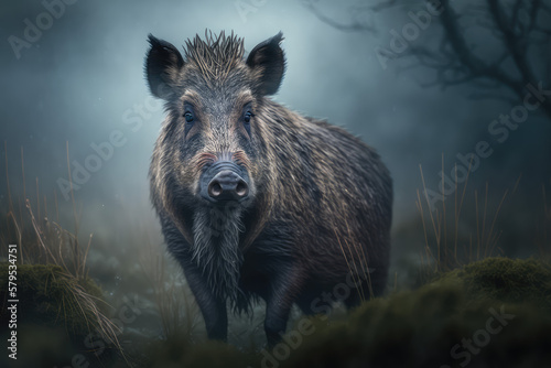 Boar in the mist, morning misty forest, generative ai