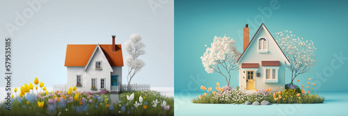 House surrounded by spring flowers, collection. Isolated composition. Good for advertising
