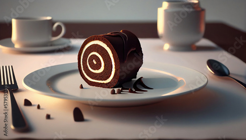Delicious and chocolate sweet roll cake on a plate. Generative AI.