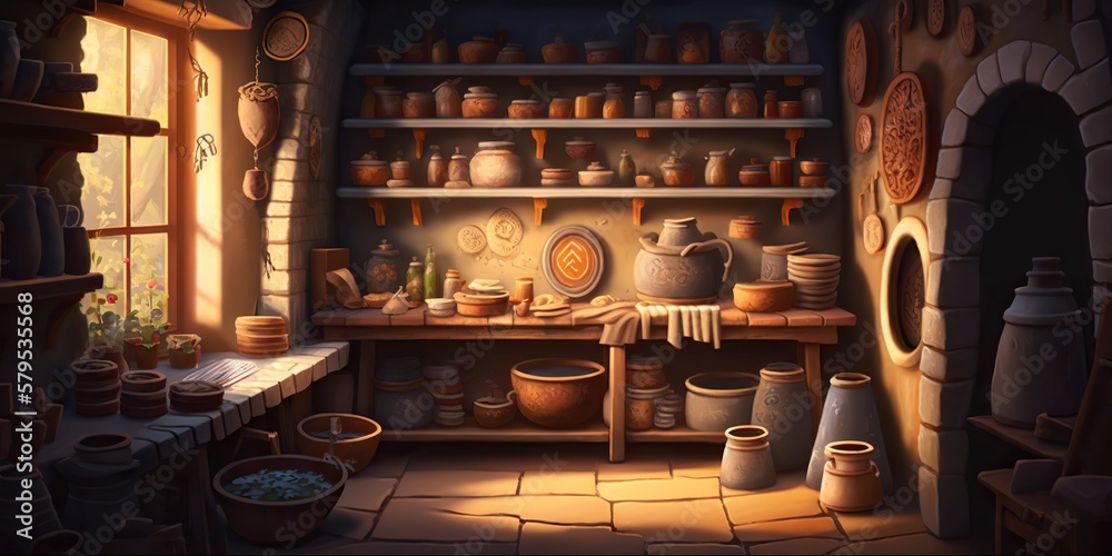 Pottery studio with pottery wheel kiln and shelves filled with various