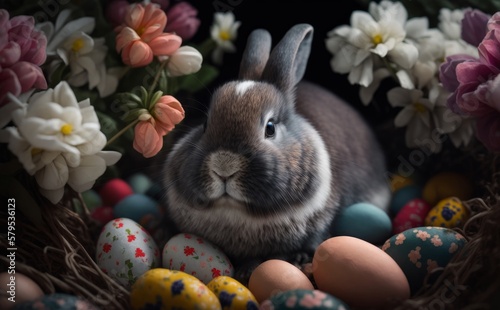 Cute Bunny with Eggs In Flower. Spring holiday background. Generative AI © ColdFire