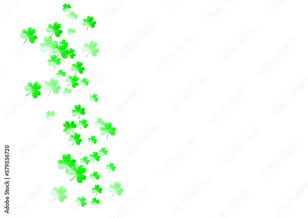 Clover background for Saint Patricks Day.  Lucky trefoil confetti. Glitter frame of shamrock leaves. Template for party invite, retail offer and ad. Decorative clover background.