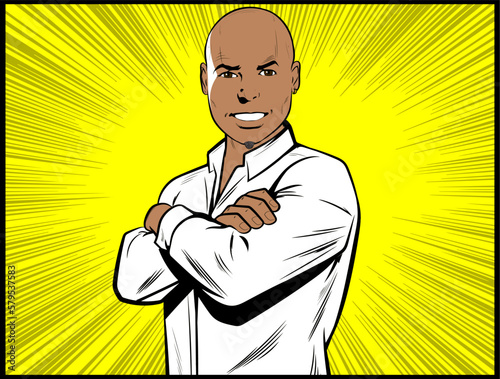 Smiling satisfied Single handsome grinning confident young Black adult. Shaved head bald man with his hands crossed. Pop art retro vector illustration cartoon comic book style