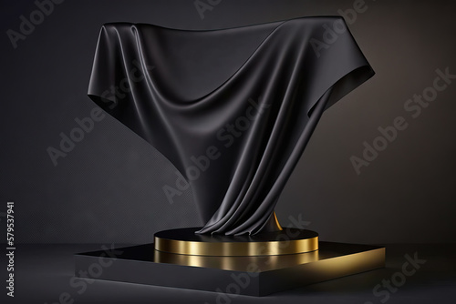 Black luxury fabric podium pedestal empty presentation product. background or abstract space elegant display and table showcase platform on dark room stage. Generative AI
