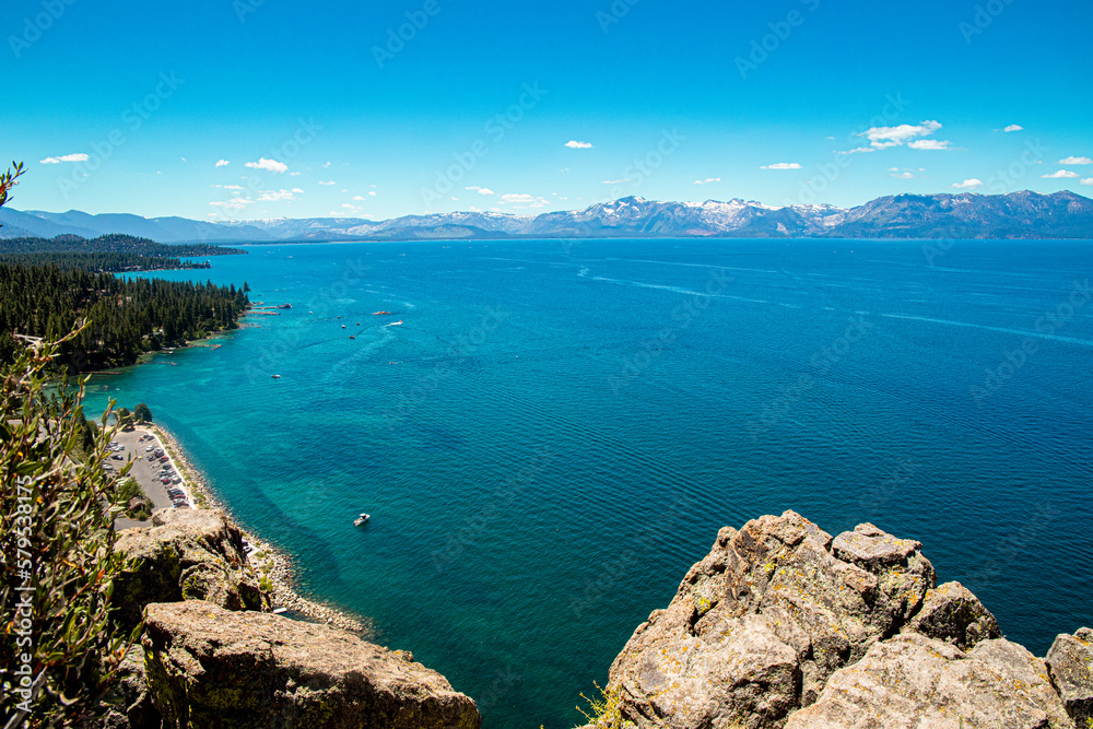View from top of Cave Rock in Lake Tahoe, facing South towards Mt. Tallac