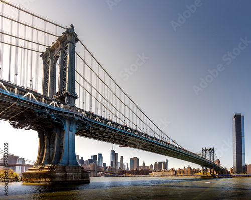 Brooklyn, USA - April 28, 2022: View of Manhattan bridge from Dumbo district in Brooklyn. Skyline of Manhattan in background photo