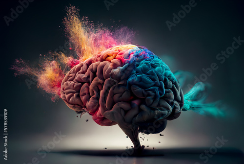 concept of a human brain full with creativity, shows multiple colors and action - generative ai image photo