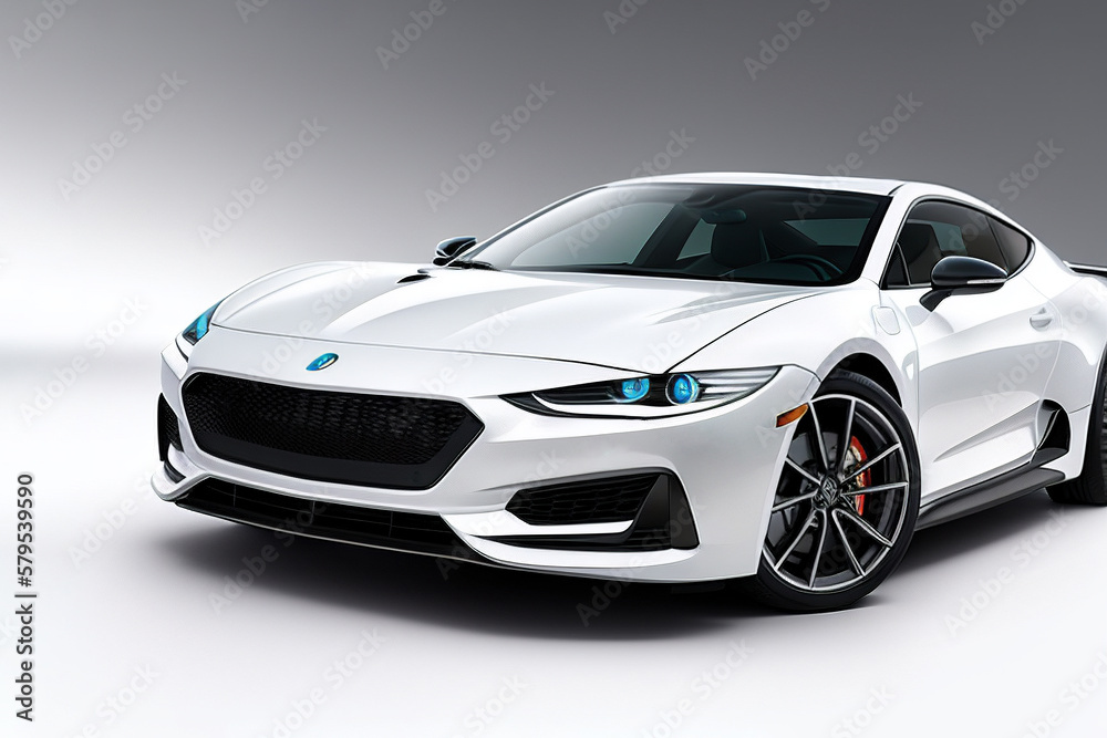 White sports car is shown like a studio photo with a gray background and a black stripe on the front. Car concept. Side view. Generative AI technology. 