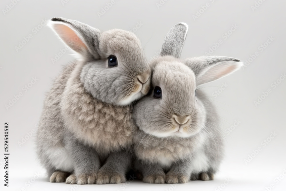 Fototapeta premium Generative AI. Close up of two cute little rabbits, hugging each other.