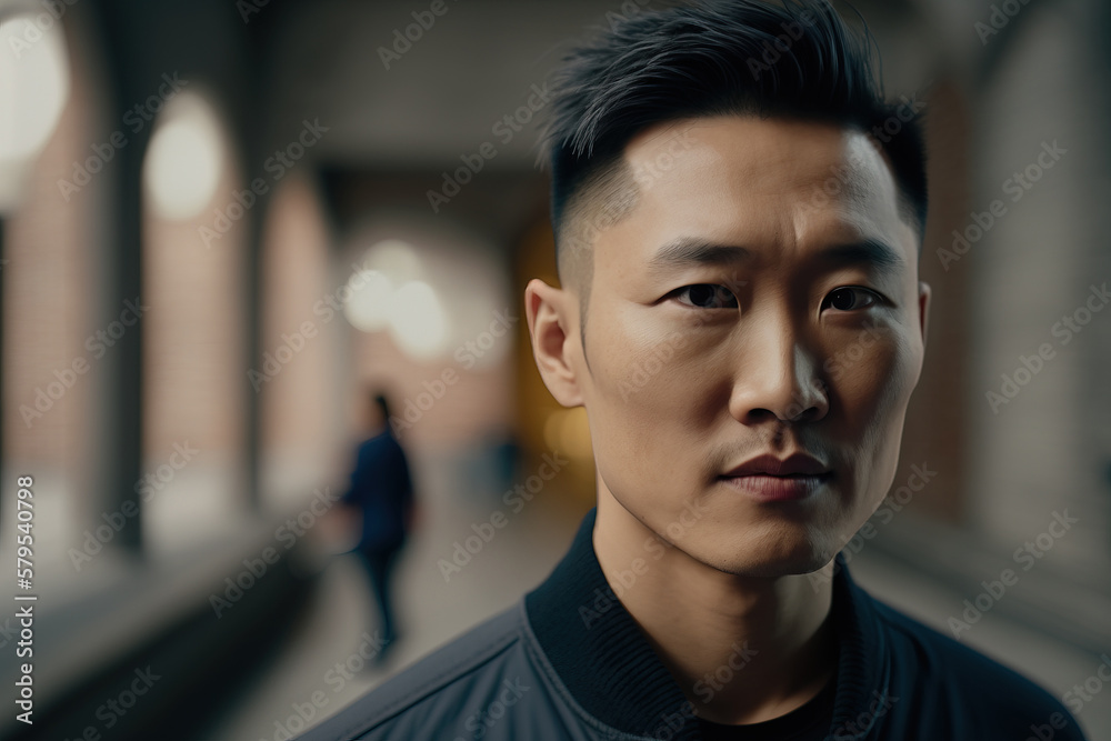 Portrait of a handsome asian young man with clothes walking. street background, male fashion, cool Asian young man lifestyle. Generative aI