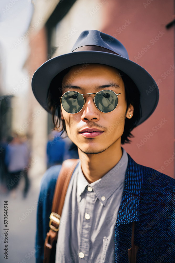 Portrait of a handsome asian young man with clothes walking. street background, male fashion, cool Asian young man lifestyle. Generative aI