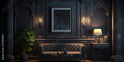 dark living room with classical frame on the wall and led molding light