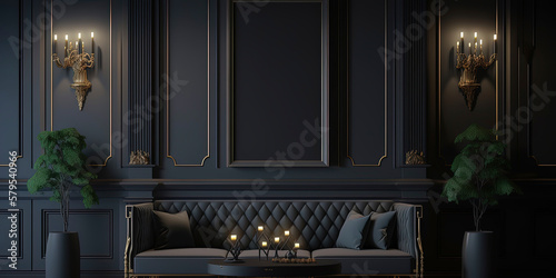 dark living room with classical frame on the wall and led molding light © Fernando