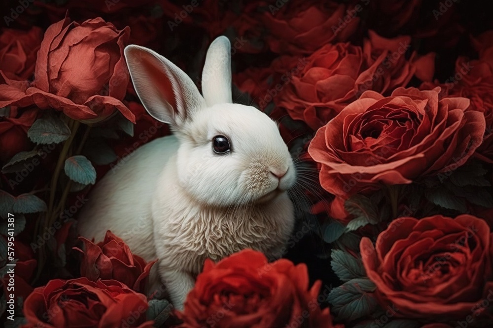 Beautiful white rabbit among red roses. Ai generated. Stock