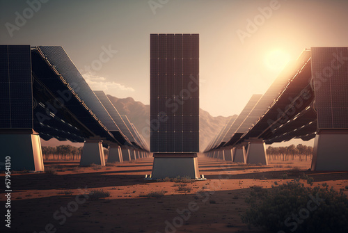 Solar panels in industrial areas, optimize the last ray of sun of the day to produce electricity. Ai generated