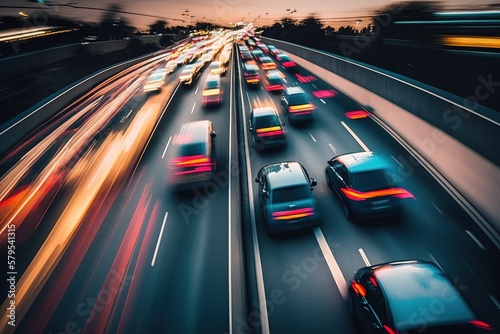 Wallpaper Mural Vehicles at sunset moving fast on a wide highway, long exposure with trails of lights. Ai generative Torontodigital.ca