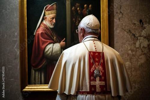 The pope, a religious man, with his back turned, looks at a painting. Ai generated. photo